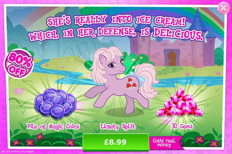 Size: 1961x1298 | Tagged: safe, derpibooru import, idw, official, lickety split, lickety-split, earth pony, pony, advertisement, bow, costs real money, english, female, g1, g4, gameloft, gem, idw showified, image, jpeg, magic coins, mare, numbers, sale, solo, solo focus, tail, tail bow, text, that pony sure does love ice cream