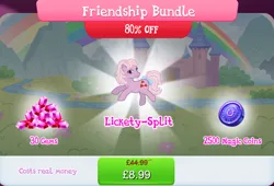 Size: 1262x857 | Tagged: safe, derpibooru import, idw, official, lickety split, lickety-split, earth pony, pony, bow, bundle, costs real money, english, female, g1, g4, gameloft, gem, idw showified, image, jpeg, magic coins, mare, numbers, sale, solo, solo focus, tail, tail bow, text