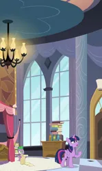 Size: 1920x3214 | Tagged: safe, composite screencap, derpibooru import, edit, edited screencap, screencap, spike, twilight sparkle, twilight sparkle (alicorn), alicorn, dragon, pony, princess twilight sparkle (episode), bed, bedroom, book, canterlot, image, pencil, png, scroll