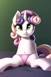 Size: 512x768 | Tagged: suggestive, derpibooru import, machine learning generated, novelai, sweetie belle, pony, unicorn, belly button, clothes, female, foalcon, frilly underwear, image, leaning back, looking at you, pink underwear, png, sitting, smiling, smiling at you, solo, solo female, spread legs, spreading, striped underwear, underage, underwear