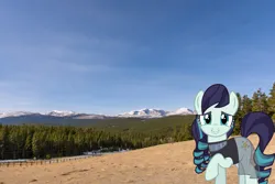 Size: 2048x1365 | Tagged: safe, artist:jaredking779, artist:jhayarr23, derpibooru import, coloratura, earth pony, pony, clothes, female, image, irl, jpeg, looking at you, mare, mountain, mountain range, photo, ponies in real life, see-through, smiling, solo, story included, tree, wyoming