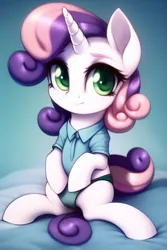 Size: 512x768 | Tagged: suggestive, derpibooru import, machine learning generated, novelai, sweetie belle, pony, unicorn, bed, blue underwear, clothes, female, filly, foal, foalcon, green underwear, image, looking at you, on bed, panties, png, polo shirt, sitting, solo, solo female, spread legs, spreading, underage, underwear