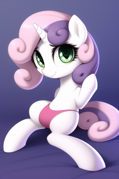 Size: 512x768 | Tagged: suggestive, derpibooru import, machine learning generated, novelai, sweetie belle, pony, unicorn, bed, clothes, female, filly, foal, foalcon, image, leaning back, looking at you, on bed, panties, pink underwear, png, raised hoof, smiling, smiling at you, solo, solo female, underage, underwear