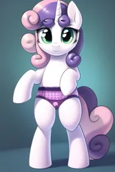 Size: 512x768 | Tagged: suggestive, derpibooru import, machine learning generated, novelai, sweetie belle, pony, unicorn, bipedal, clothes, female, filly, foal, foalcon, frilly underwear, gradient background, image, lace underwear, looking at you, png, purple underwear, smiling, smiling at you, solo, solo female, underage, underwear