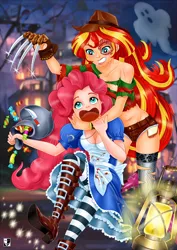 Size: 1000x1414 | Tagged: safe, artist:lord--opal, derpibooru import, pinkie pie, sunset shimmer, ghost, human, undead, equestria girls, american mcgee's alice, candy, clothes, costume, duo, duo female, female, food, freddy krueger, halloween, halloween costume, holiday, human coloration, image, jpeg, lantern, sweets