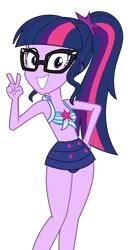 Size: 3111x5768 | Tagged: safe, artist:keronianniroro, derpibooru import, edit, vector edit, sci-twi, twilight sparkle, human, equestria girls, equestria girls series, forgotten friendship, adorasexy, adorkable, bare shoulders, bikini, clothes, cute, dork, female, front knot midriff, glasses, grin, image, looking at you, midriff, one-piece swimsuit, peace sign, png, ponytail, sci-twi swimsuit, sexy, simple background, sleeveless, smiling, solo, swimsuit, transparent background, twiabetes, vector