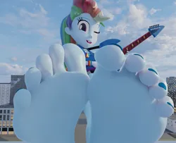 Size: 2311x1880 | Tagged: safe, artist:lulw73, derpibooru import, rainbow dash, equestria girls, 3d, barefoot, electric guitar, feet, female, fetish, foot fetish, foot focus, giantess, guitar, guitar solo, image, looking at you, macro, musical instrument, one eye closed, playing guitar, png, scrunching toes, soles, source filmmaker, wink, winking at you