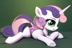 Size: 768x512 | Tagged: suggestive, derpibooru import, machine learning generated, novelai, sweetie belle, pony, unicorn, bed, bowl, butt, clothes, dock, female, filly, foal, foalcon, image, lying down, on bed, panties, pink underwear, plot, png, prone, solo, solo female, spread legs, spreading, striped underwear, sweetie butt, tail, tail aside, underage, underhoof, underwear