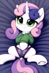 Size: 512x768 | Tagged: suggestive, derpibooru import, machine learning generated, novelai, sweetie belle, pony, unicorn, bed, butt, clothes, dock, female, filly, foal, foalcon, frilly underwear, image, lace underwear, looking up, lying down, on back, on bed, plot, png, purple underwear, smiling, solo, solo female, spread legs, spreading, sweater, tail, underage, underhoof, underwear