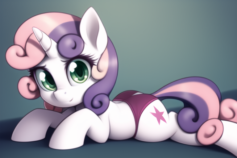 Size: 768x512 | Tagged: suggestive, derpibooru import, machine learning generated, novelai, sweetie belle, pony, unicorn, alternate cutie mark, clothes, female, filly, foal, foalcon, gradient background, image, looking at you, lying down, png, prone, purple underwear, red underwear, smiling, smiling at you, solo, solo female, tail, tail hole, underage, underwear