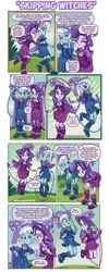 Size: 566x1412 | Tagged: safe, artist:art-2u, derpibooru import, starlight glimmer, trixie, equestria girls, barrette, boots, cape, clothes, comic, dress, duo, exhausted, fall formal outfits, hat, high heel boots, image, jpeg, jump rope, jumping, shoes, trixie's cape, trixie's hat