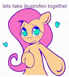 Size: 1909x2109 | Tagged: safe, artist:draw3, derpibooru import, fluttershy, pegasus, pony, 2022, blushing, bronybait, dialogue, female, g4, heart, ibuprofen, image, jpeg, looking at you, reaching, simple background, smiling, smiling at you, solo, underhoof, white background, wingless