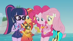 Size: 1920x1080 | Tagged: safe, derpibooru import, screencap, fluttershy, pinkie pie, sci-twi, sunset shimmer, twilight sparkle, equestria girls, equestria girls series, unsolved selfie mysteries, bare shoulders, bikini, bikini top, clothes, female, fluttershy's wetsuit, geode of empathy, geode of fauna, geode of sugar bombs, geode of telekinesis, glasses, hairpin, image, magical geodes, mobile phone, one-piece swimsuit, phone, pinkie pie swimsuit, png, ponytail, sarong, sci-twi swimsuit, sleeveless, smartphone, swimsuit, water, wetsuit