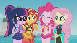 Size: 1920x1080 | Tagged: safe, derpibooru import, screencap, fluttershy, pinkie pie, sci-twi, sunset shimmer, twilight sparkle, equestria girls, equestria girls series, unsolved selfie mysteries, bare shoulders, bikini, bikini top, clothes, eyes closed, female, fluttershy's wetsuit, geode of empathy, geode of fauna, geode of sugar bombs, geode of telekinesis, glasses, hairpin, image, magical geodes, mobile phone, one-piece swimsuit, phone, pinkie pie swimsuit, png, ponytail, sarong, sci-twi swimsuit, sleeveless, smartphone, swimsuit, water, wetsuit