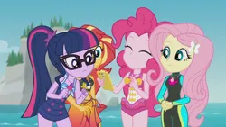Size: 1920x1080 | Tagged: safe, derpibooru import, screencap, fluttershy, pinkie pie, sci-twi, sunset shimmer, twilight sparkle, equestria girls, equestria girls series, unsolved selfie mysteries, bare shoulders, bikini, bikini top, clothes, eyes closed, female, fluttershy's wetsuit, geode of empathy, geode of fauna, geode of sugar bombs, geode of telekinesis, glasses, hairpin, image, magical geodes, mobile phone, one-piece swimsuit, phone, pinkie pie swimsuit, png, ponytail, sarong, sci-twi swimsuit, sleeveless, smartphone, swimsuit, water, wetsuit