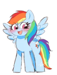 Size: 2491x3268 | Tagged: safe, artist:leo19969525, derpibooru import, rainbow dash, pegasus, pony, blushing, g4, hair, image, jpeg, looking at you, mane, multicolored hair, open mouth, open smile, rainbow hair, rainbow tail, simple background, smiling, spread wings, tail, white background, wings