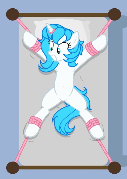 Size: 1536x2166 | Tagged: suggestive, artist:equestria secret guard, derpibooru import, oc, oc:blueblaze stardust, unofficial characters only, pony, unicorn, armpits, base used, bed, belly button, bondage, chinese text, eyebrows, female, frown, helpless, horn, horn ring, image, jewelry, jpeg, lying down, magic suppression, moon runes, on back, on bed, ring, rope, rope bondage, scared, sexy, solo, spread eagle, teeth, tied to bed, tied up, unicorn oc