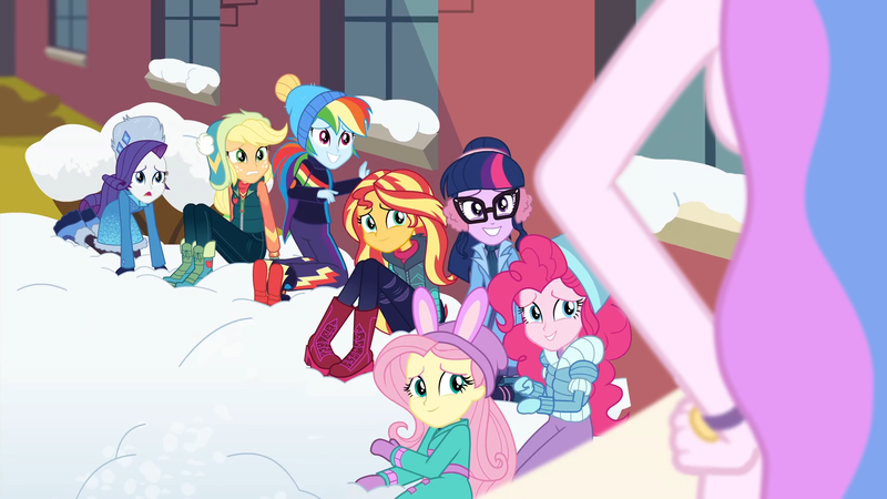 Size: 1920x1080 | Tagged: suggestive, derpibooru import, edit, edited screencap, screencap, applejack, fluttershy, pinkie pie, princess celestia, rainbow dash, rarity, sci-twi, sunset shimmer, twilight sparkle, human, equestria girls, equestria girls series, holidays unwrapped, spoiler:eqg series (season 2), blizzard or bust, boots, bunny ears, clothes, earmuffs, fluttershy's winter hat, glasses, grin, hand on hip, hat, humane five, humane seven, humane six, image, mittens, nervous, nervous grin, nude edit, nudity, outdoors, png, ponytail, principal celestia, rarity's winter hat, shoes, smiling, strategically covered, toque, watch, winter coat, winter hat, winter jacket, winter outfit, wristwatch