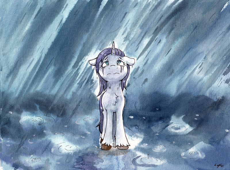 Size: 6319x4658 | Tagged: safe, artist:lightisanasshole, derpibooru import, rarity, pony, unicorn, absurd file size, crying, female, floppy ears, image, looking up, makeup, night, partially submerged, png, rain, running makeup, sad, simple background, solo, solo female, standing in water, tears of pain, unshorn fetlocks, water, wet, wet mane, wet mane rarity