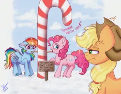 Size: 2083x1623 | Tagged: safe, artist:galaxy swirl, derpibooru import, applejack, pinkie pie, rainbow dash, earth pony, pegasus, pony, :s, applejack is not amused, candy, candy cane, food, heart, heart eyes, image, jpeg, muffled words, rainbow dumb, sigh, sign, stupidity, tongue out, tongue stuck to pole, too dumb to live, trio, unamused, wavy mouth, wingding eyes