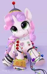 Size: 1500x2375 | Tagged: safe, artist:darksly, derpibooru import, sweetie belle, pony, robot, unicorn, :p, antenna, body writing, cap, christmas, christmas lights, clothes, costume, cute, darksly is trying to murder us, diasweetes, eye reflection, female, filly, foal, hat, heart, holiday, image, jpeg, marker, purple background, reflection, robot costume, simple background, solo, spool, standing on two hooves, sweetie bot, tongue out, underhoof, weapons-grade cute, wires