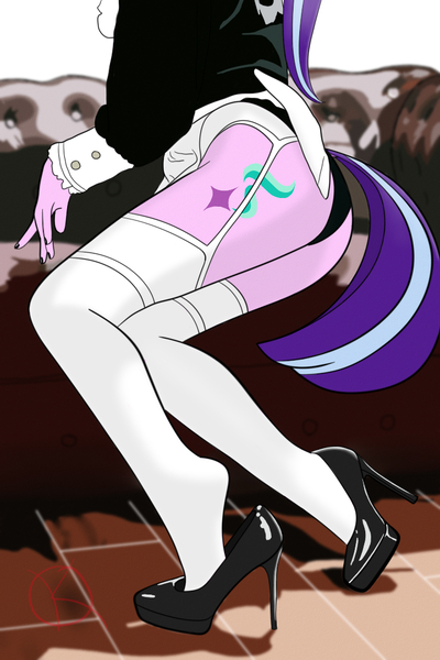 Size: 720x1080 | Tagged: suggestive, artist:kpapwiss, derpibooru import, starlight glimmer, anthro, butt, clothes, couch, feet, fetish, foot fetish, high heels, image, jpeg, maid, shoes, simple background, sitting, socks, stocking feet, stockings, thigh highs