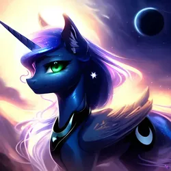 Size: 1024x1024 | Tagged: safe, derpibooru import, machine learning generated, purplesmart.ai, stable diffusion, princess luna, alicorn, pony, ear fluff, ears up, eyelashes, female, folded wings, green eyes, image, jpeg, looking at you, mare, moon, profile, smiling, smiling at you, solo, watermark, wings