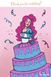 Size: 1620x2435 | Tagged: safe, artist:xeninara, derpibooru import, pinkie pie, human, equestria girls, bondage, bound, cake, food, humanized, image, png, popping out of a cake, ribbon, tape, tied, tied up
