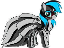 Size: 8000x6003 | Tagged: source needed, safe, artist:severity-gray, oc, oc:nightlight aura, unofficial characters only, pegasus, pony, annoyed, black coat, blue eyeshadow, blushing, bondage, clothes, corset, dress, encasement, eyeshadow, female, gala dress, green eyes, hood, image, latex, latex boots, latex corset, latex dress, latex suit, looking at you, makeup, mare, png, show accurate, simple background, solo, solo female, transparent background, two toned mane, wingless