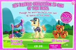 Size: 1956x1296 | Tagged: safe, derpibooru import, official, fair trade, twilight sparkle, crystal pony, earth pony, pony, advertisement, banner, book, bucktooth, bush, clothes, costs real money, english, gameloft, hat, image, jpeg, lucky coin, male, numbers, pins, quill, rhyme, sale, shirt, solo, solo focus, stallion, text