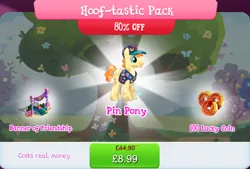 Size: 1266x857 | Tagged: safe, derpibooru import, official, fair trade, twilight sparkle, crystal pony, pony, banner, book, bucktooth, bundle, bush, clothes, costs real money, english, gameloft, hat, image, jpeg, male, numbers, pins, quill, sale, shirt, solo, solo focus, stallion, text