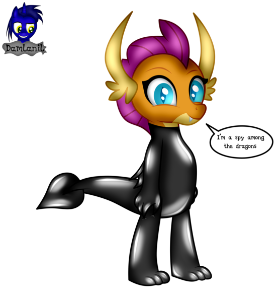Size: 3840x4154 | Tagged: safe, artist:damlanil, derpibooru import, smolder, dragon, bipedal, bodysuit, catsuit, clothes, comic, cute, dragon wings, dragoness, eyelashes, female, happy, horns, image, latex, latex suit, looking at you, png, rubber, shiny, show accurate, simple background, smiling, smolderbetes, solo, speech bubble, spy, spy suit, standing, suit, text, transparent background, vector, wings