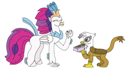 Size: 3264x1794 | Tagged: safe, artist:supahdonarudo, derpibooru import, gilda, queen novo, classical hippogriff, gryphon, hippogriff, my little pony: the movie, eating, griffon scone, holding, image, png, redraw, simple background, transparent background, tray