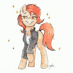 Size: 3339x3314 | Tagged: safe, artist:lightisanasshole, derpibooru import, oc, oc:phosphor flame, unofficial characters only, earth pony, pony, clothes, ear fluff, earth pony oc, female, grin, image, jacket, jpeg, pose, raised eyebrow, raised hoof, simple background, smiling, smug, solo, solo female, sparkles, traditional art, watercolor painting