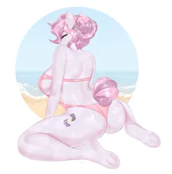 Size: 2000x2028 | Tagged: suggestive, alternate version, artist:bylullabysoft, derpibooru import, oc, oc:silken pearl, unofficial characters only, anthro, crystal pony, unguligrade anthro, anthro oc, ass, beach, breasts, butt, commission, crystal pony oc, female, image, jpeg, ocean, partial background, sideboob, solo, solo female, underhoof, water, ych result