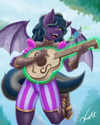 Size: 2480x3100 | Tagged: safe, artist:vandyart, derpibooru import, oc, unofficial characters only, anthro, bat pony, anthro oc, bard, bat pony oc, bat wings, fantasy class, female, guitar, image, jpeg, musical instrument, one eye closed, open mouth, singing, solo, wings, wink