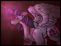 Size: 1280x960 | Tagged: semi-grimdark, artist:binibean, derpibooru import, twilight sparkle, twilight sparkle (alicorn), alicorn, pony, blood, broken horn, female, horn, image, injured, jpeg, solo