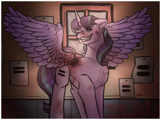 Size: 512x384 | Tagged: grimdark, artist:binibean, derpibooru import, starlight glimmer, alicorn, pony, alicornified, blood, equal sign, evil grin, female, grin, image, jpeg, race swap, s5 starlight, slasher smile, smiling, solo, starlicorn, xk-class end-of-the-world scenario