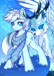 Size: 2500x3500 | Tagged: safe, artist:leah minik, derpibooru import, oc, oc:christopher snowfall glitter, unofficial characters only, crystal pony, draconequus, pony, unicorn, blue eyes, chest fluff, clothes, commission, crystallized, draconequus oc, ear fluff, full body, grass, grass field, horn, image, looking at something, looking at you, male, png, scarf, sky, sky background, snow, snowfall, stallion, standing, the crystal empire 10th anniversary, unicorn oc, white mane, winter