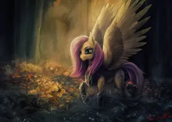 Size: 2000x1414 | Tagged: safe, artist:stdeadra, derpibooru import, fluttershy, pegasus, pony, armor, flower, forest, forest background, grass, image, light, pink hair, png, tree, wings