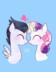 Size: 1074x1368 | Tagged: safe, artist:petaltwinkle, derpibooru import, rumble, sweetie belle, pegasus, pony, unicorn, blue background, blushing, colt, cute, eyes closed, female, filly, foal, glow, glowing horn, heart, horn, image, jpeg, male, nuzzling, rumbelle, shipping, simple background, straight