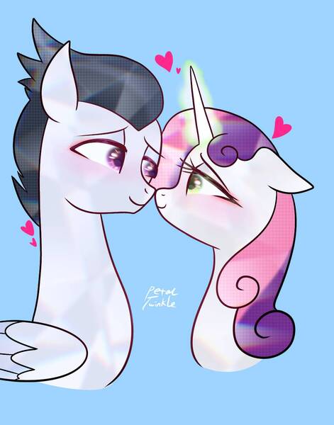 Size: 1074x1368 | Tagged: safe, artist:petaltwinkle, derpibooru import, rumble, sweetie belle, pegasus, pony, unicorn, bedroom eyes, blue background, blushing, cute, eye contact, female, glow, glowing horn, heart, horn, image, jpeg, looking at each other, looking at someone, male, mare, nuzzling, older, older rumble, older sweetie belle, rumbelle, shipping, simple background, stallion, straight