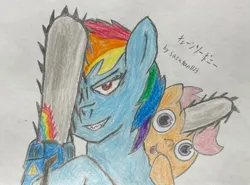 Size: 2048x1512 | Tagged: safe, artist:sasutan1123, derpibooru import, rainbow dash, scootaloo, :p, anime, chainsaw, chainsaw man, crayon drawing, denji, grin, image, jpeg, pochita, smiling, tongue out, traditional art