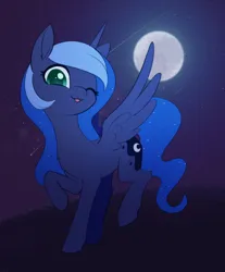 Size: 1024x1239 | Tagged: safe, artist:dusthiel, derpibooru import, princess luna, alicorn, pony, ethereal mane, image, jpeg, looking at you, missing accessory, moon, night, novembrush, one eye closed, raised hoof, shooting star, solo, spread wings, starry mane, stars, tongue out, wings