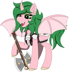 Size: 1264x1200 | Tagged: safe, artist:gray star, derpibooru import, oc, unofficial characters only, alicorn, bat pony, hybrid, axe, axe guitar, battle axe, commission, fangs, frilly, image, png, punk, simple background, solo, steampunk, transparent background, weapon