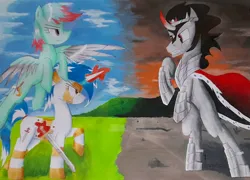 Size: 2447x1766 | Tagged: safe, artist:thecrimsonspark, derpibooru import, king sombra, oc, oc:murky silentium, oc:watercolor, monster pony, pegasus, pony, unicorn, the crystal empire, angry, armor, black mane, blades, blue mane, coat markings, colored, colored horn, commission, commissioner:rautamiekka, crown, curved horn, ears up, equestria, eyelashes, eyes open, fangs, feathered wings, female, floating, floppy ears, green coat, green mane, hooves, horn, image, jewelry, jpeg, magic, magic aura, male, mane, mare, no eyelashes, pegasus oc, pegasus wings, ponytail, purple eyes, raised hoof, raised leg, rearing, red eyes, red mane, regalia, sky, smiling, smirk, sombra horn, sombra's cape, stallion, standing, stripes, sword, tail, tail band, teeth, telekinesis, the crystal empire 10th anniversary, traditional art, transformed, trio, two toned mane, two toned tail, unicorn oc, weapon, white coat, white mane, wings