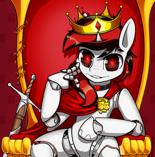 Size: 1334x1351 | Tagged: safe, artist:dacaoo, derpibooru import, oc, oc:blackjack, unofficial characters only, unicorn, fallout equestria, fallout equestria: project horizons, artificial hands, clothes, fanfic art, horn, image, png, small horn, solo, sword, throne, weapon