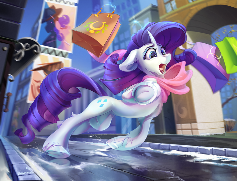 Size: 3500x2677 | Tagged: safe, artist:mithriss, derpibooru import, rarity, pony, unicorn, city, clothes, dynamic pose, falling, female, high res, ice, image, manehattan, mare, open mouth, outdoors, png, raised hoof, road, scared, scarf, shopping, slipping, snow, solo