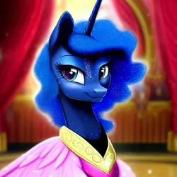 Size: 1024x1024 | Tagged: safe, derpibooru import, editor:dovakkins, machine learning generated, purplesmart.ai, stable diffusion, princess luna, alicorn, pony, alternate hairstyle, ballroom, beautiful, clothes, cute, dress, female, image, mare, png, smiling, solo