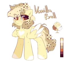 Size: 2000x1700 | Tagged: safe, artist:mirtash, derpibooru import, oc, oc:vanilla bell, unofficial characters only, pegasus, pony, chest fluff, color palette, cute, feather, female, flower, flower in hair, flower in tail, food, ice cream, image, mare, pegasus oc, png, reference sheet, solo, solo female, tail, vanilla, wings